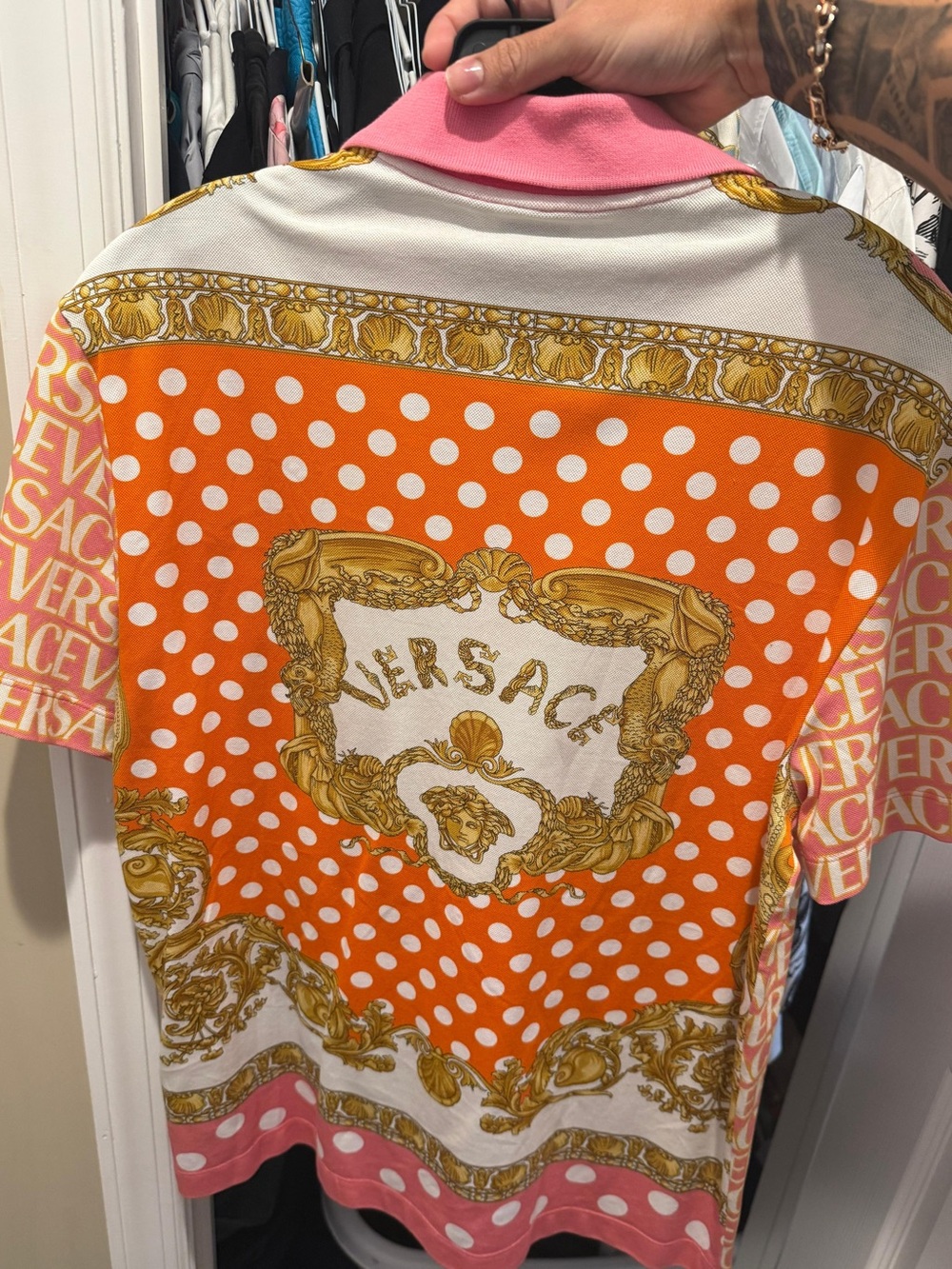 Versace Orange, Pink & Gold Polka Dot Polo